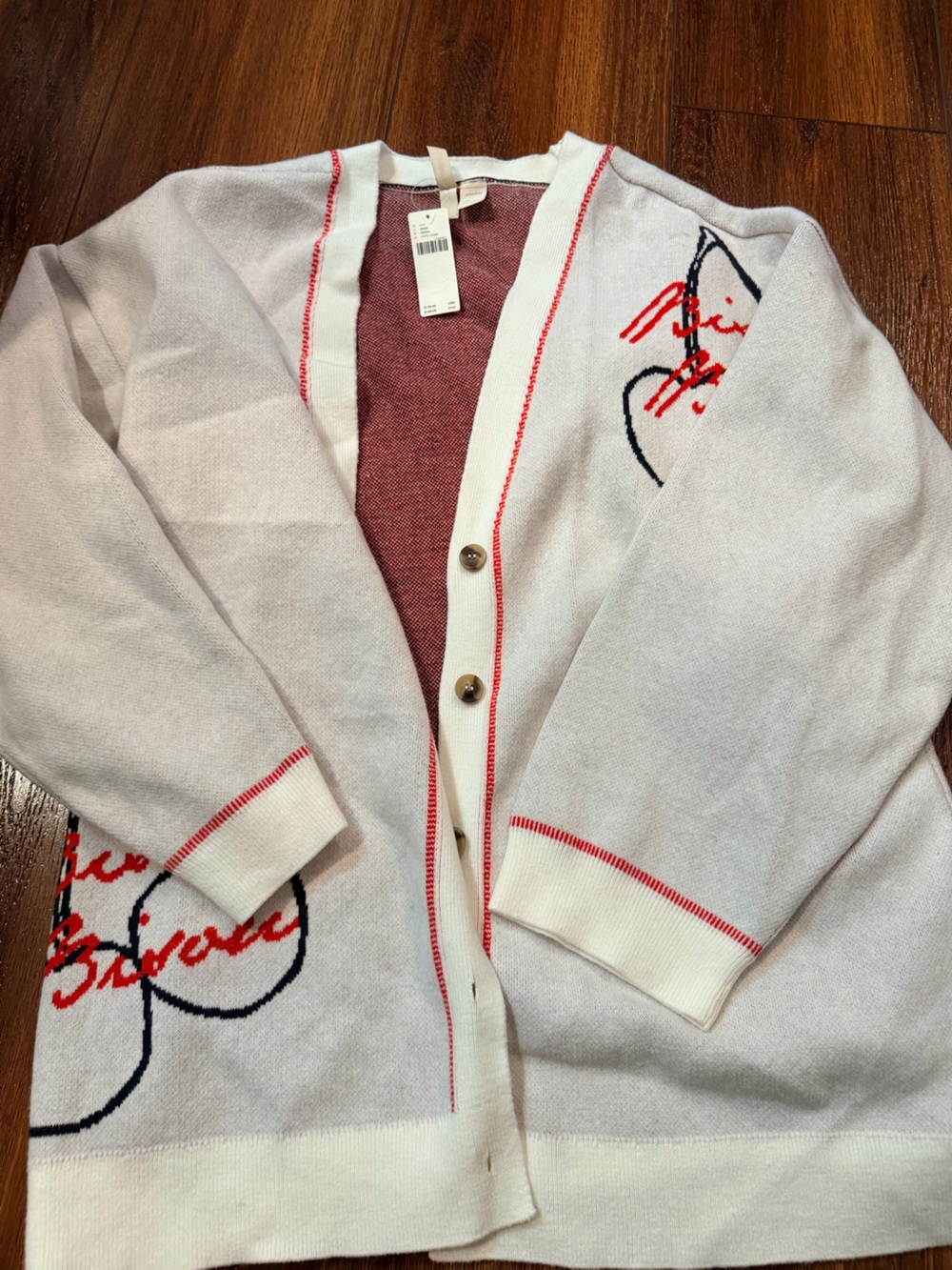 Anthropologie Cream Cardigan with Red Trim bisou bisou